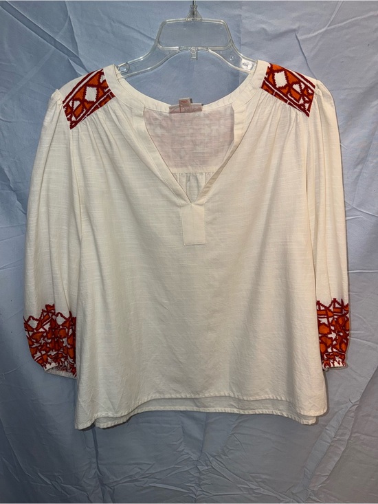 Knox Rose Tops - Knox Rose Cream Peasant Blouse with Orange Embroidery